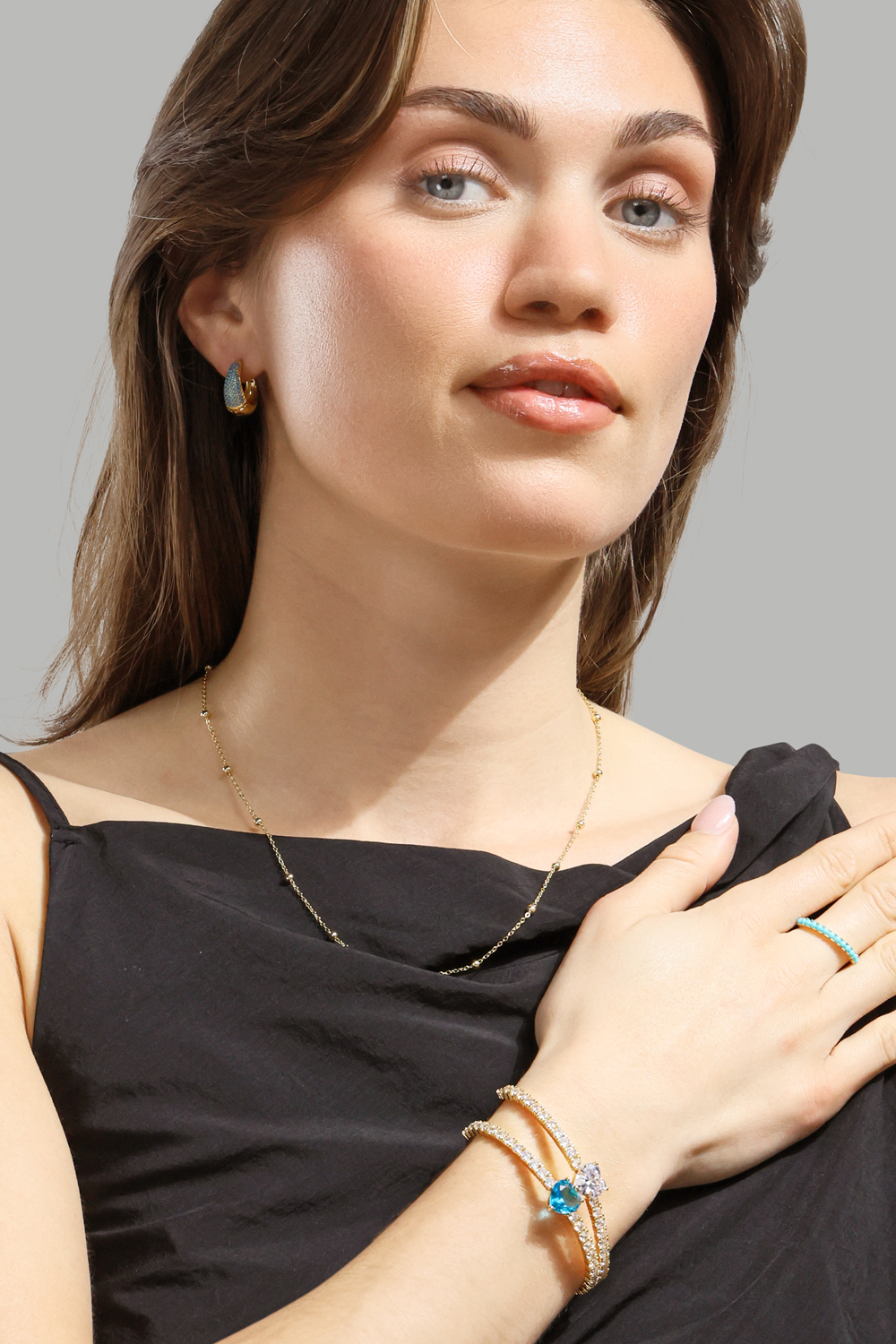 Earring Turquoise Crystal Bold Hoops - 18k Gold Plated