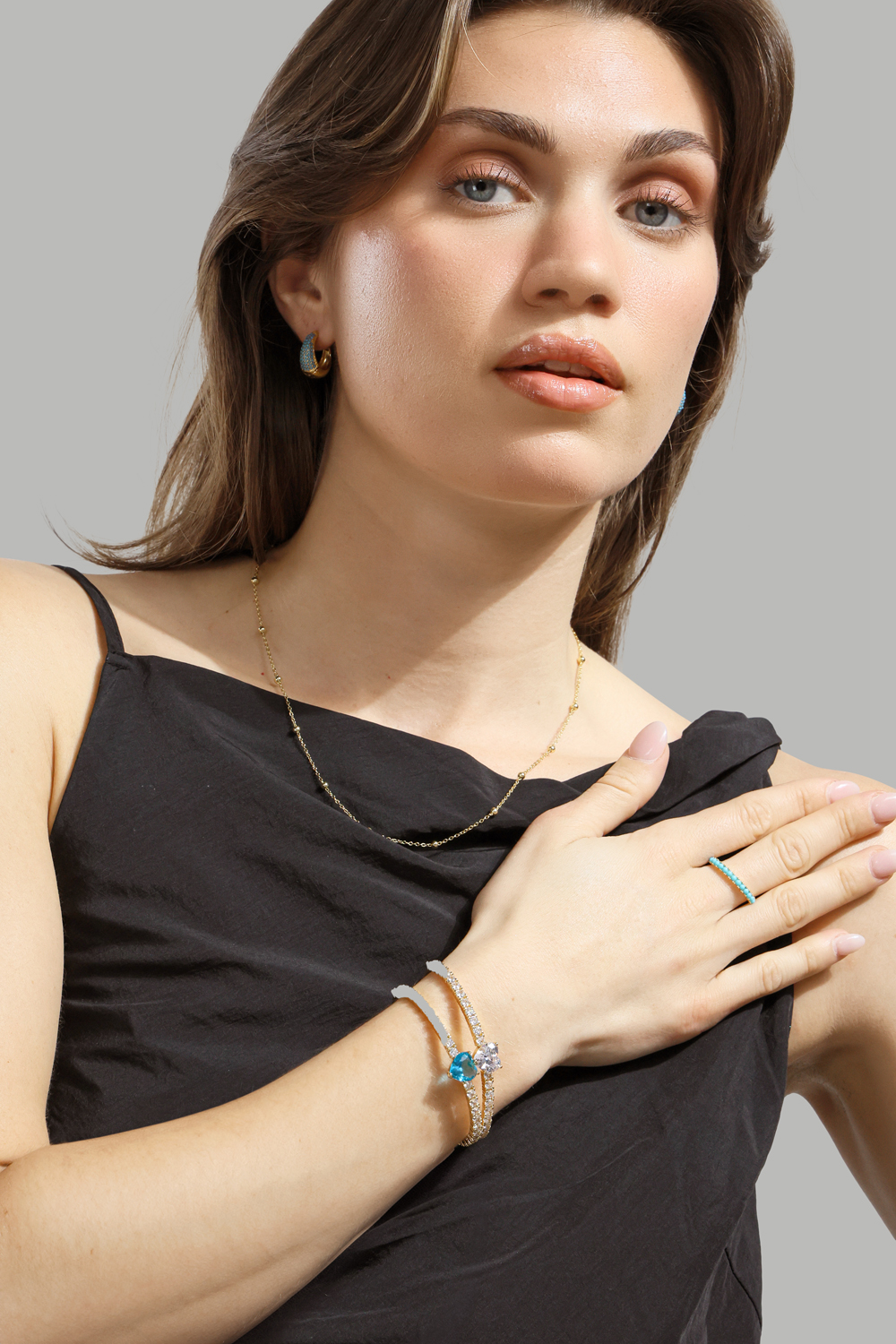 Earring Turquoise Crystal Bold Hoops - 18k Gold Plated